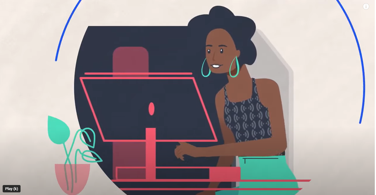 Woman sits in front of her computer (animation)