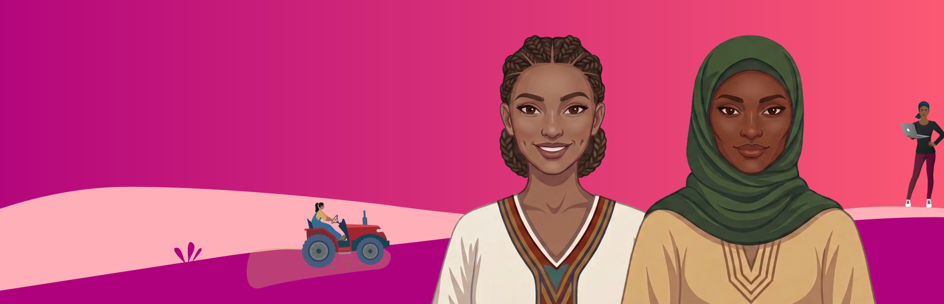 Two women are standing next to each other. In the background a tractor is visible as well as a third women who holds a laptop in her hands.