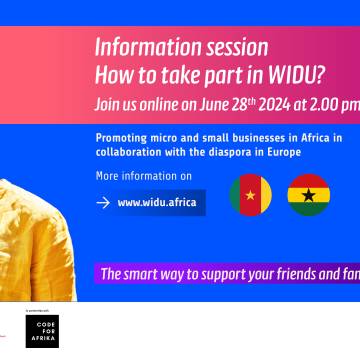 On the photo you can see a young women who smiles. On the right-hand side you can read: „Information session. How to take part in WIDU? Join us online – every last Thursday each month. Promoting micro and small businesses in Africa in collaboration with the diaspora in Europe. More information on www.widu.africa. The smart way to support your friends and family!”
