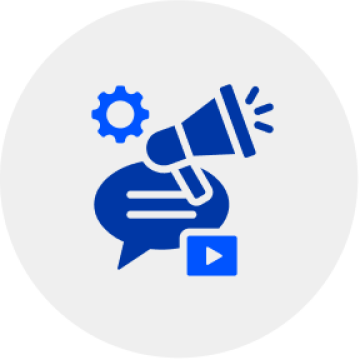 blue graphic icons showing a speech bubble and a speaker