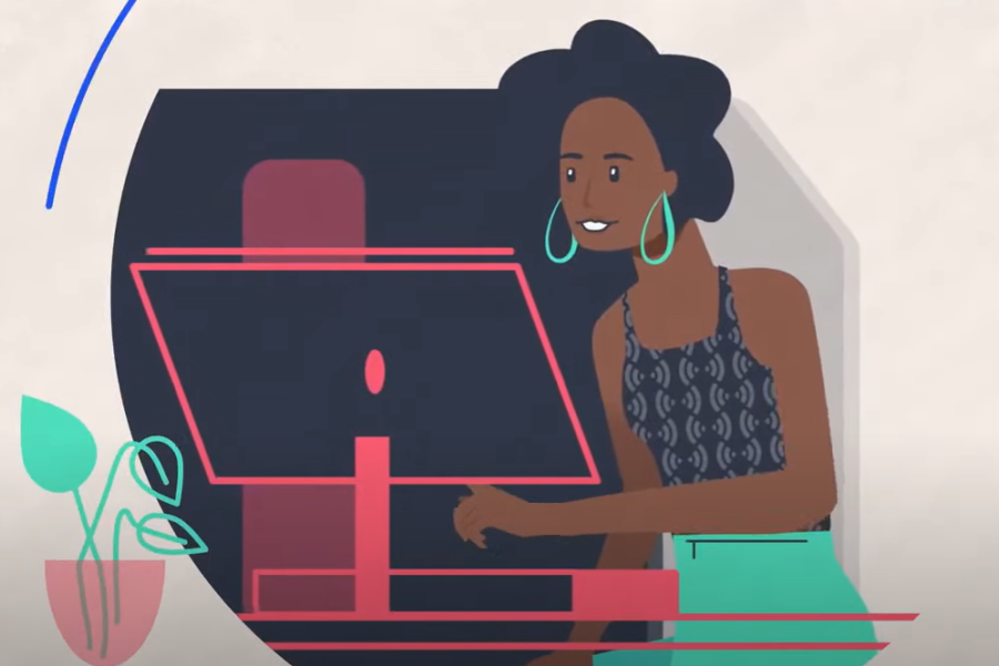 Woman sits in front of her computer (animation)