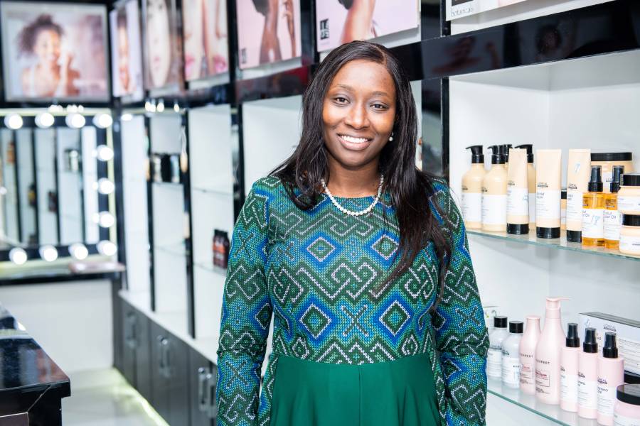 Entrepreneur Liza in her shop "Laikas Beauty Lounge" in Kenya