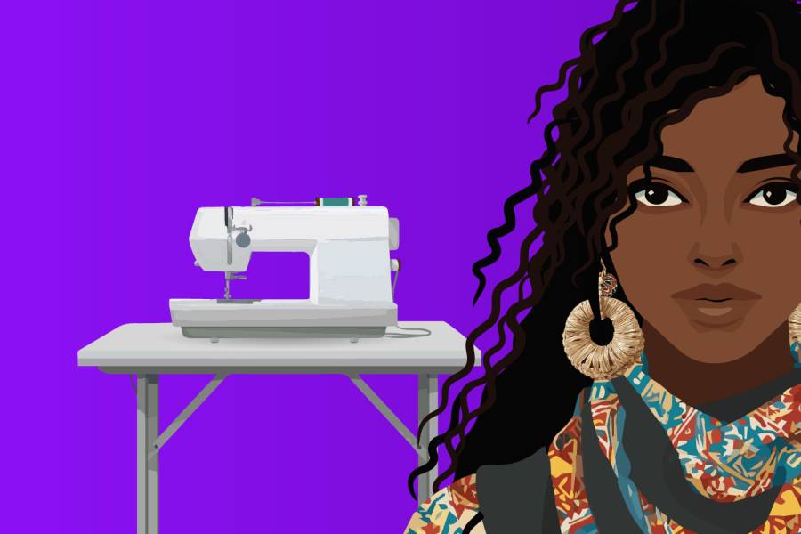 Fashion call header, purple background with one woman and one man dressed with colorful clothes.