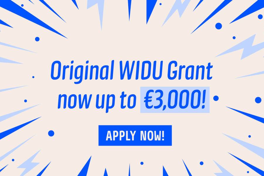 graphic design visual with blue arrows pointing at the text Original WIDU Grant now up to 3,000 Euros, with a blue call to action
