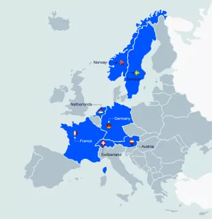 Map of Europe: WIDU is available in Austria, France, Germany, the Netherlands, Norway, Sweden and Switzerland
