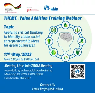 Visual shows information about Value Addition Training Webinar by WIDU Kenya: Applying critical thinking. It takes place on 17th of May. It's an online webinar. Link can be found in event text.