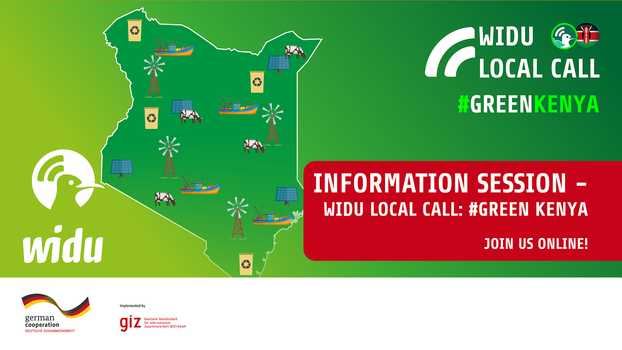 Graphic announces that WIDU offers info sessions about the Local Call: #Green Kenya