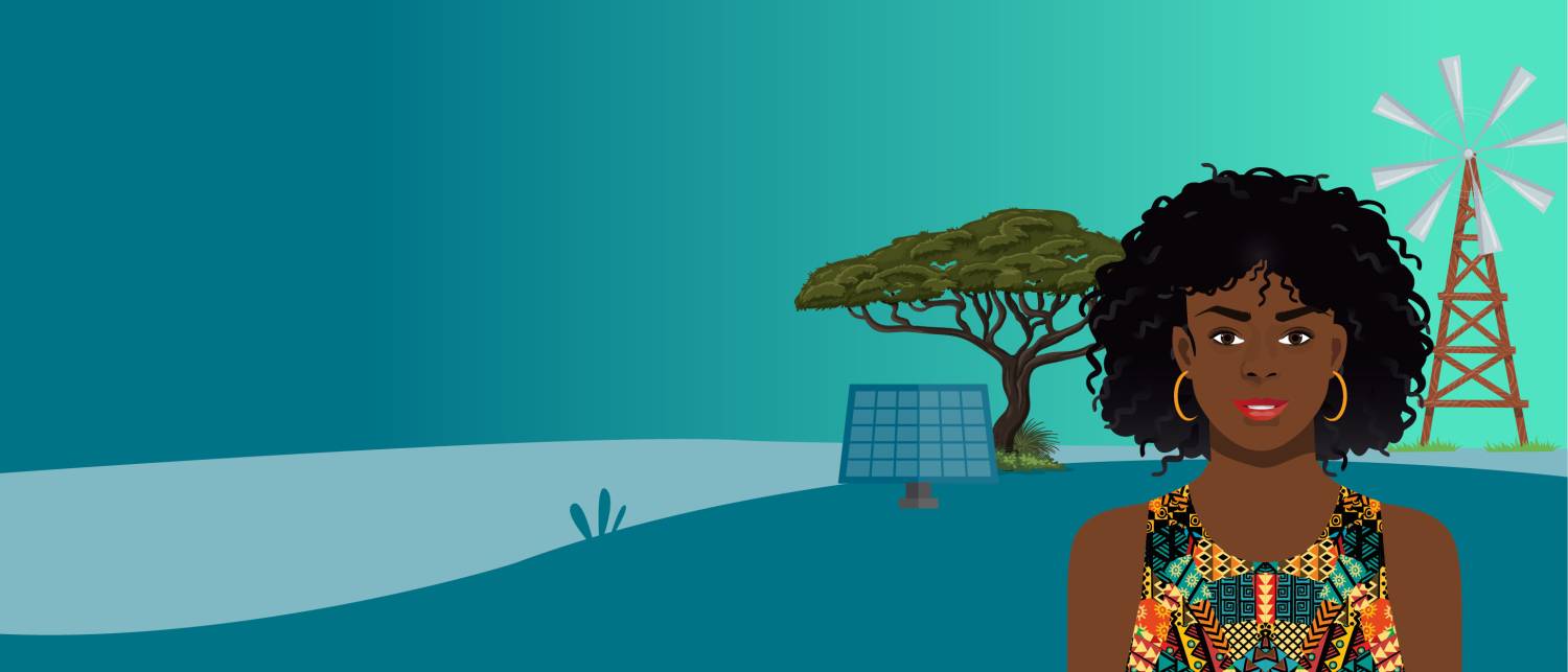On the right sight of the visual is a woman who is wearing a colourful scarf. We can only see her face and shoulders. Behind her, there are pictures of a large tree, a solar panel and a windmill. The background of the visual is green. 
