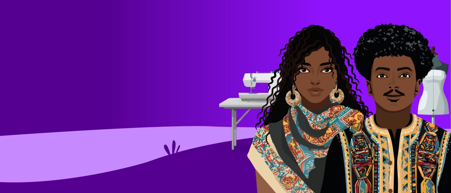 On the right side of the visual is woman who is wearing a colourful scarf and a man wearing a shirt with a traditional pattern. We can only see her face and shoulders. Behind them, there are pictures of a sewing machine and a dress form. The background of the visual is purple.