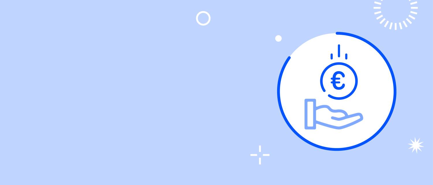 Fond bleu et blanc avec un pictogramme représentant une main recevant une pièce en euros.
