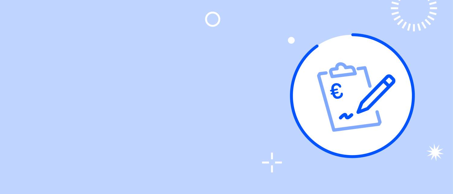 Un fond bleu et blanc avec un pictogramme représentant un papier avec un stylo