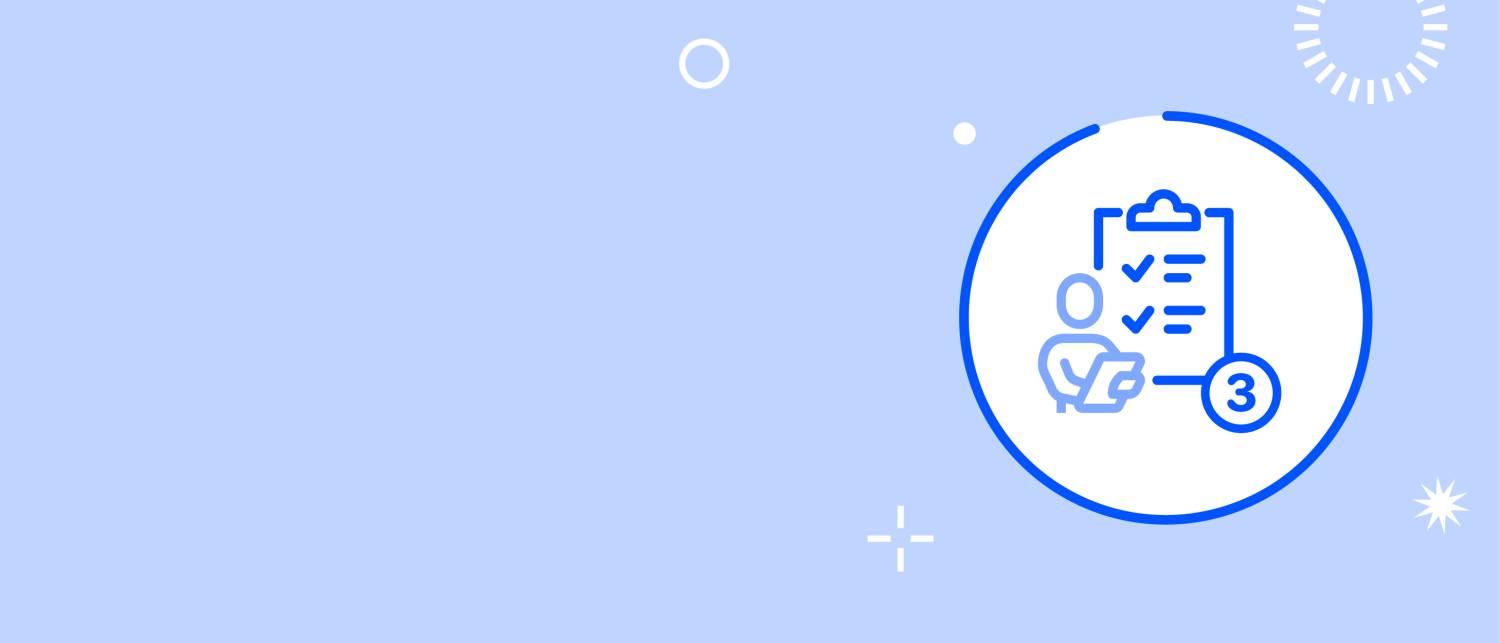 Fond bleu et blanc avec un pictogramme représentant un coach examinant un document.