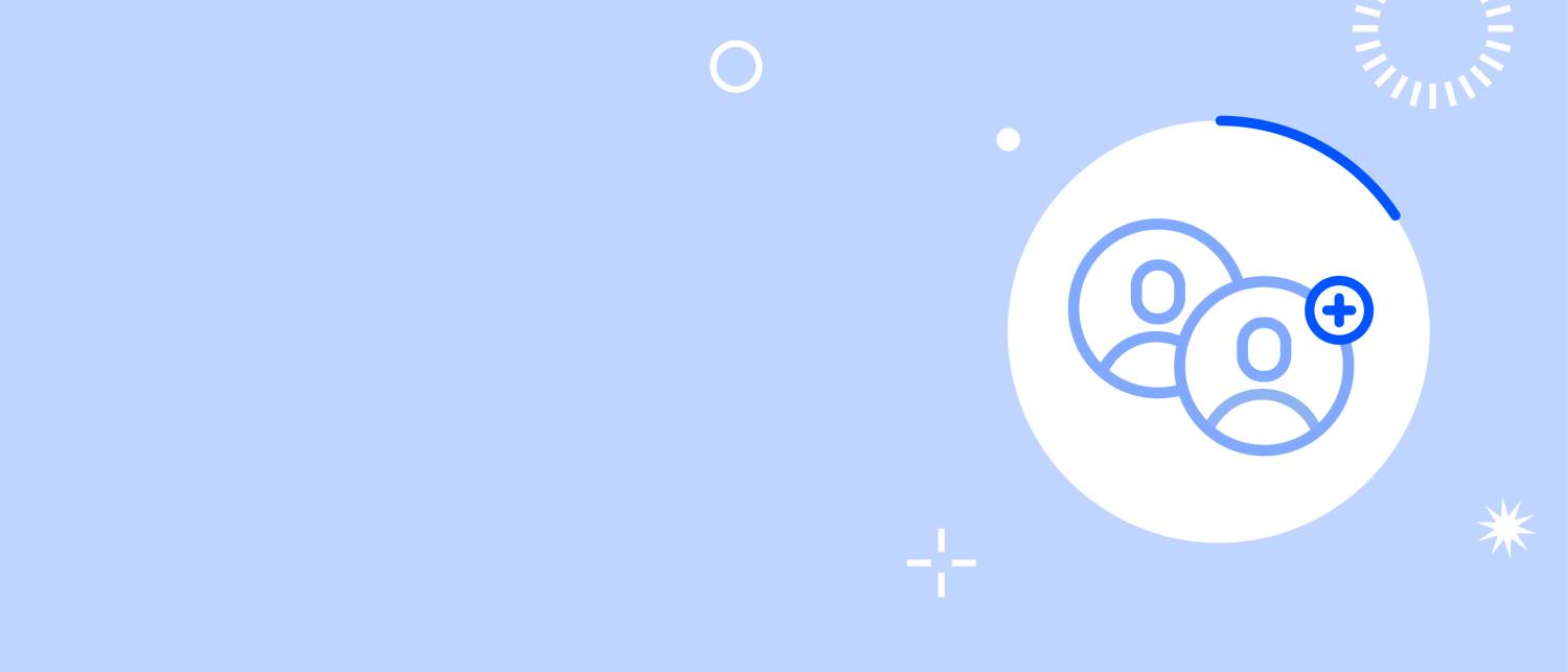 Un fond bleu et blanc avec un pictogramme représentant deux personnes, chacune dans un cercle, reliées entre elles.