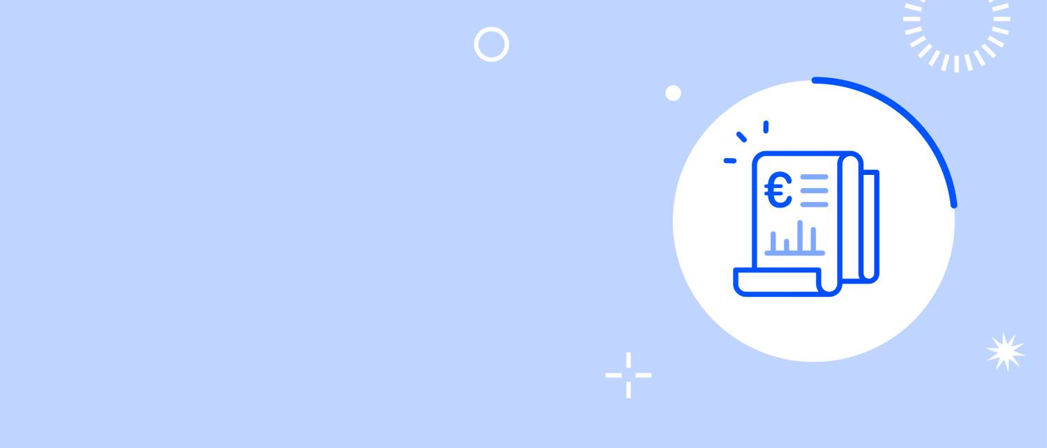 Fond bleu et blanc avec un pictogramme représentant un plan d'affaires écrit sur un papier