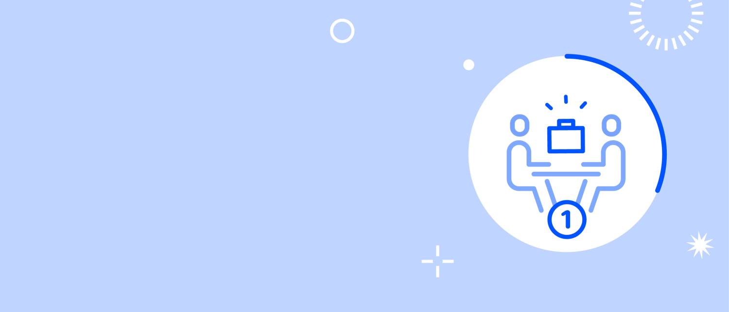 Fond bleu et blanc avec un pictogramme représentant deux personnes assises l'une en face de l'autre, avec le chiffre un écrit en bas.