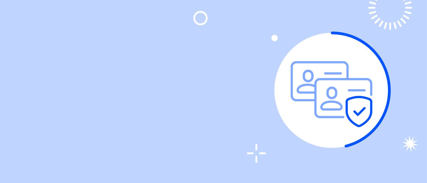 Un fond bleu et blanc avec un pictogramme représentant deux cartes d'identité cochées.