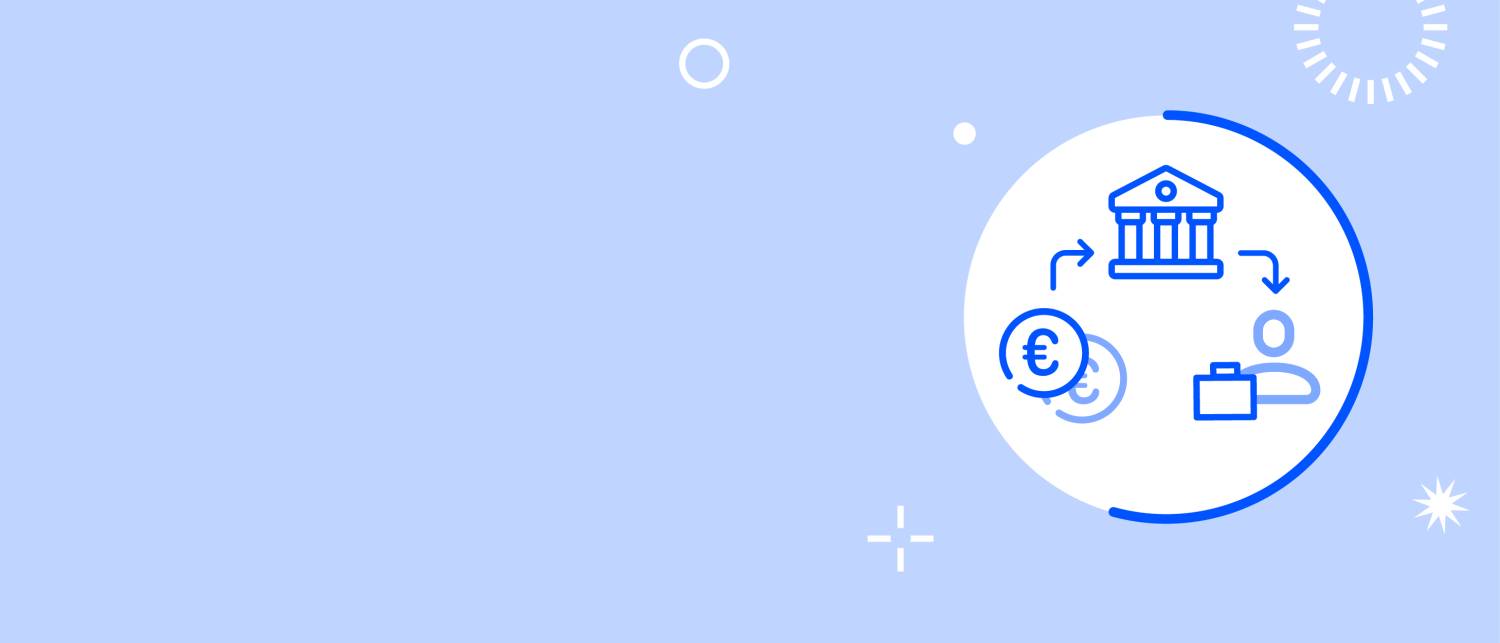 Un fond bleu et blanc avec des pictogrammes représentant un transfert d'argent d'une institution vers une personne.