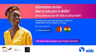 On the photo you can see a young women who smiles. On the right-hand side you can read: „Information session. How to take part in WIDU? Join us online – every last Thursday each month. Promoting micro and small businesses in Africa in collaboration with the diaspora in Europe. More information on www.widu.africa. The smart way to support your friends and family!”