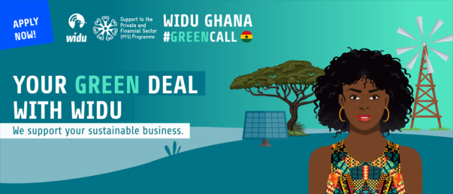 On the right sight of the visual is a woman who is wearing a colourful scarf. We can only see her face and shoulders. Behind her, there are pictures of a large tree, a solar panel and a windmill. The background of the visual is green. On the right side text is inserted that reads: WIDU Thematic Call #GreenGhana. Your green deal with WIDU. We support your sustainable business.