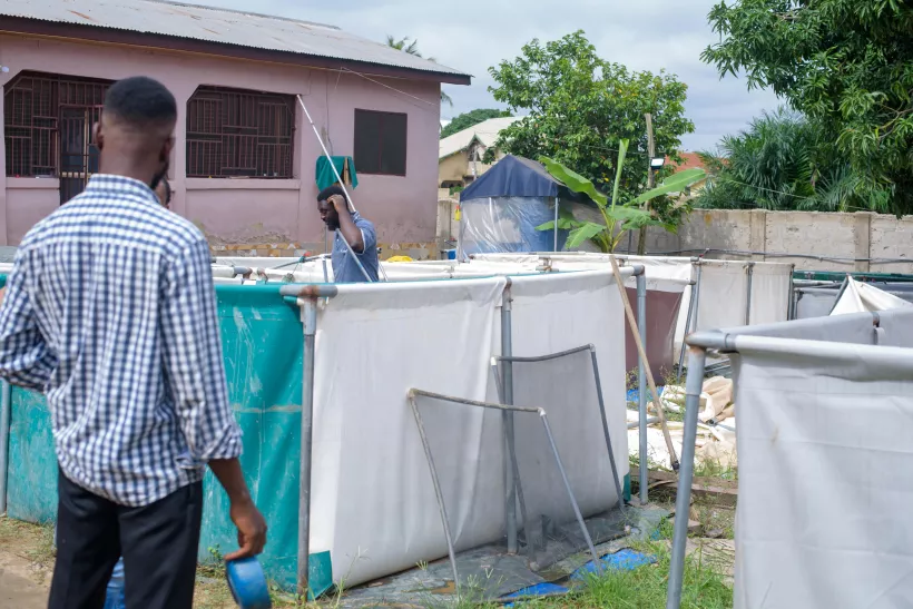 Ebenezer Paul Mensah watches his employees feeding catfish in a water tank. Copyright: WIDU.africa