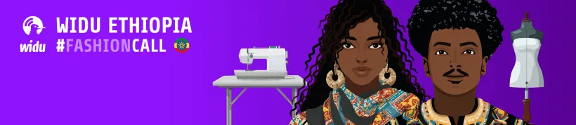 Fashion call header, purple background with one woman and one man dressed with colorful clothes.
