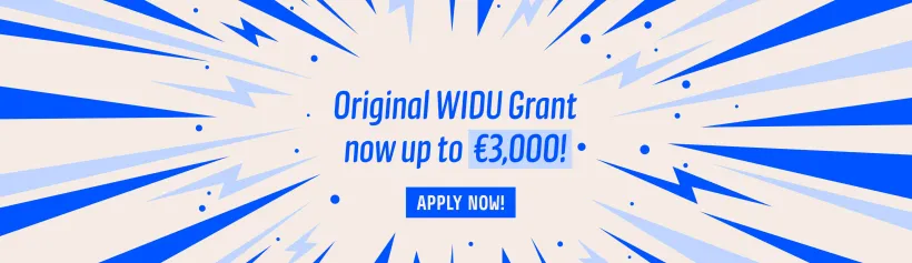 graphic design visual with blue arrows pointing at the text Original WIDU Grant now up to 3,000 Euros, with a blue call to action